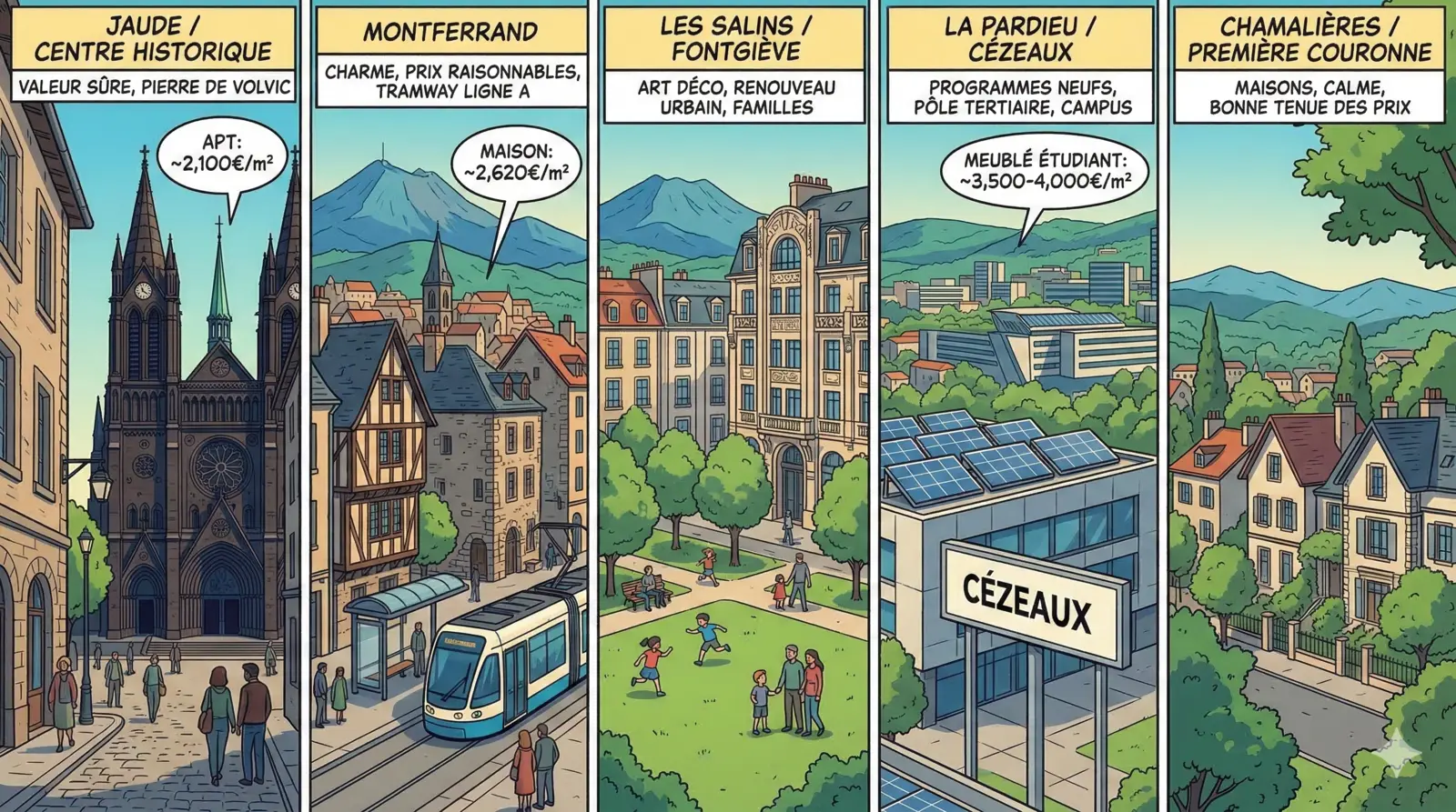 Les quartiers de Clermont-Ferrand : Jaude, Montferrand, Les Salins, La Pardieu et Chamalières